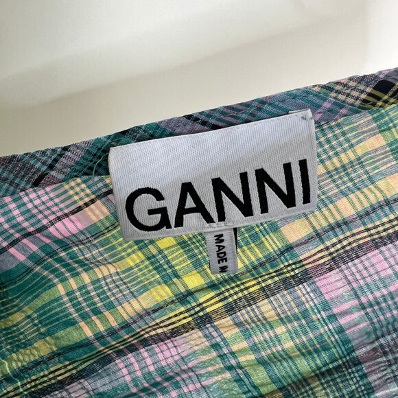 Ganni Puff Sleeve Lagoon Seersucker Check Plaid Mini Dress Preppy Scandi Girl - Picture 10 of 16